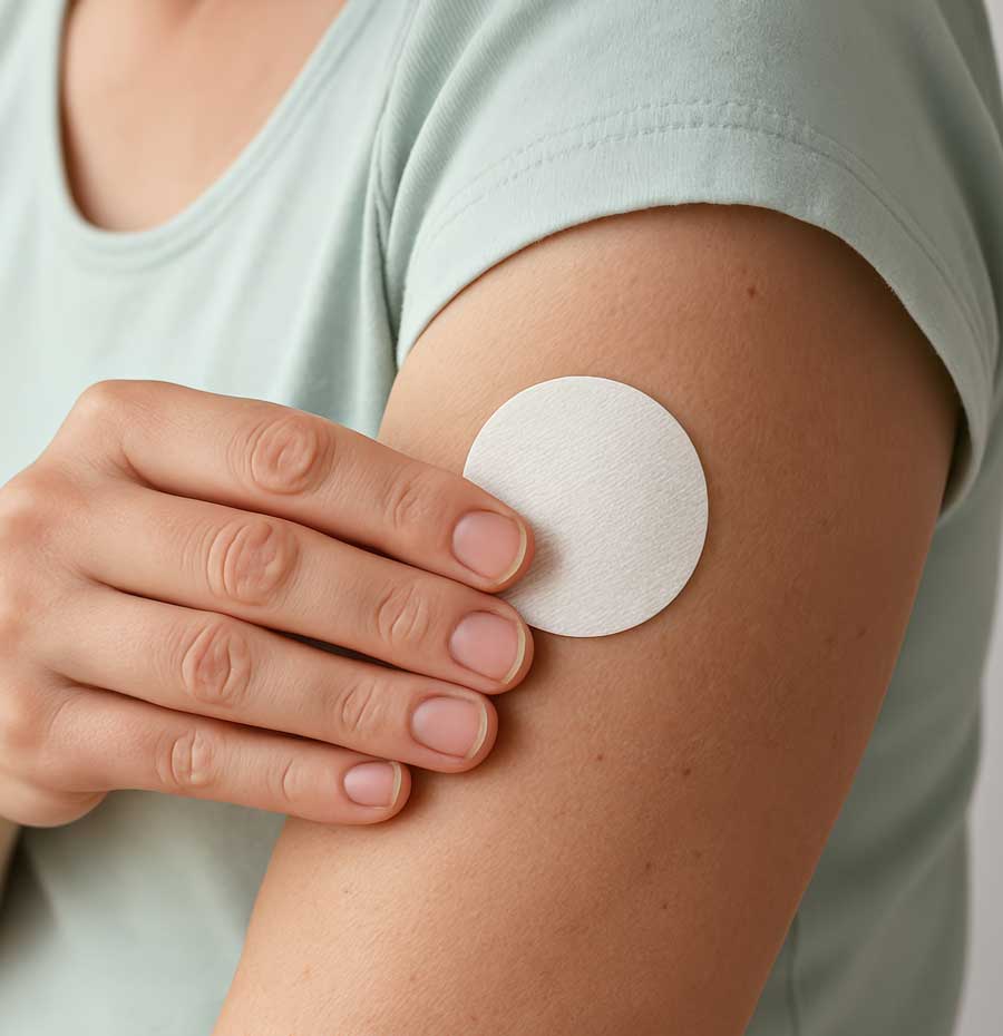 Hormone Evaluation | Woman with a patch on her arm | Acupuncture for Hormone Balance in Boulder & Longmont